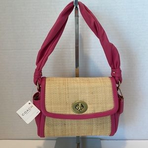 NWT Coach Pink Turnlock Natural Straw Shoulder Bag with Dust Bag